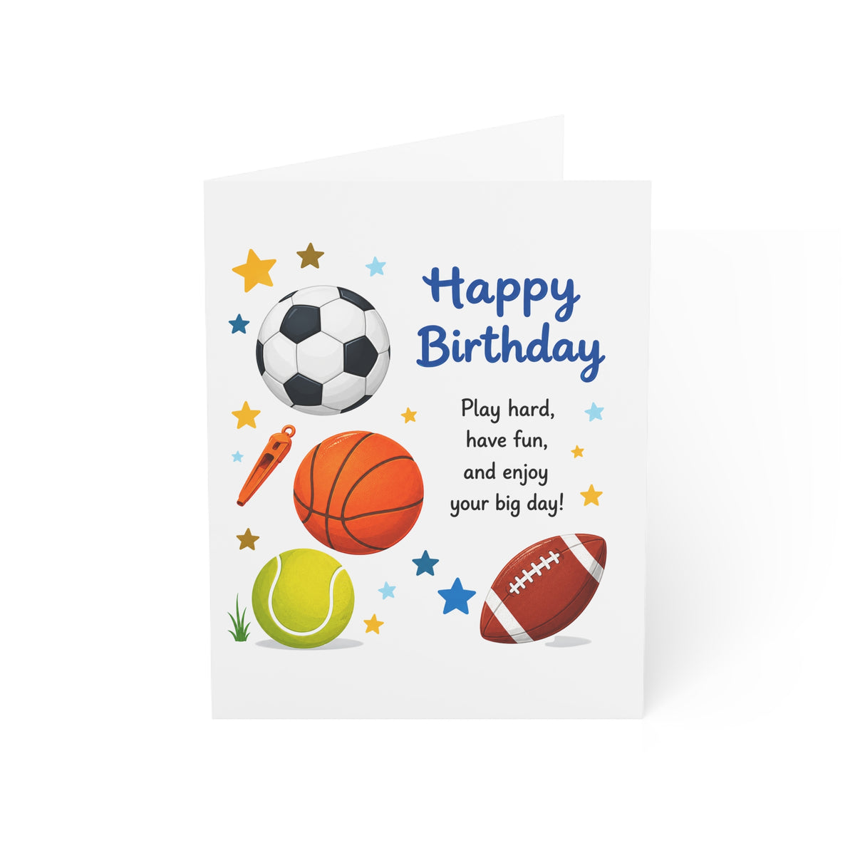 Sports Birthday Greeting Card — "Happy Birthday: Play hard, have fun, and enjoy your big day!" (1/10/30/50 pcs)