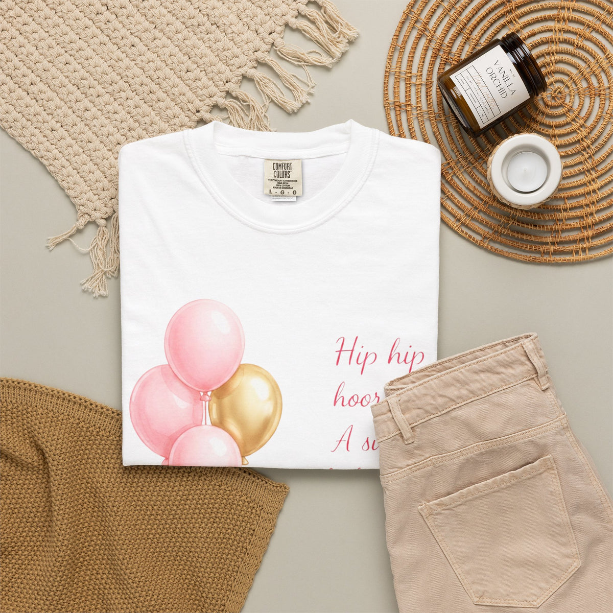 Baby Girl Announcement T-Shirt — Pink & Gold Balloon 'Hip hip hooray! A sweet baby girl is on her way!'