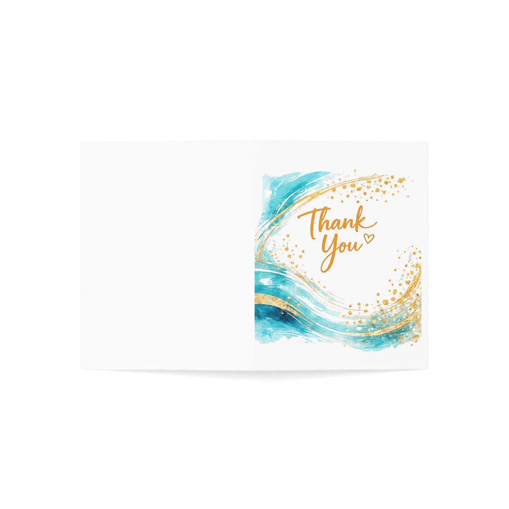 Thank You Greeting Card – Gold Script & Aqua Watercolor (Single or Pack of 10/30/50)
