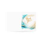 Thank You Greeting Card – Gold Script & Aqua Watercolor (Single or Pack of 10/30/50)
