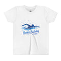 Youth Swim Birthday Tee – Blue Swimmer 'Happy Birthday' Graphic