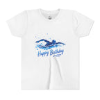 Youth Swim Birthday Tee – Blue Swimmer 'Happy Birthday' Graphic