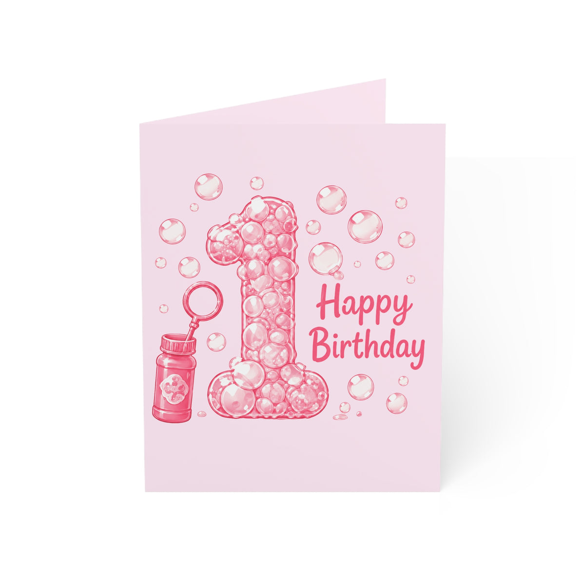 1st Birthday Bubble Number Greeting Card — Pink "Happy Birthday" Kids Card (1/10/30/50 pcs)
