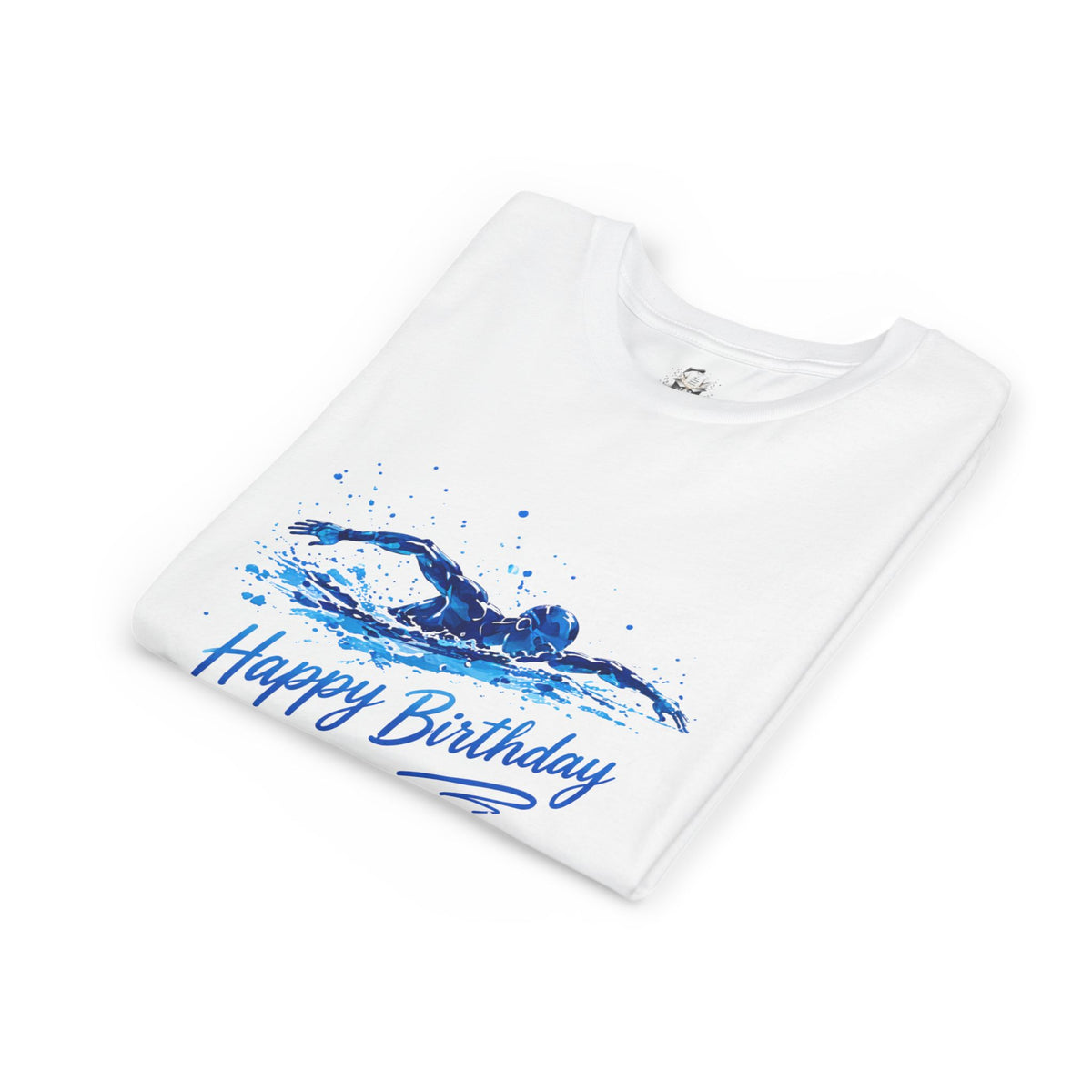 Youth Swim Birthday Tee – Blue Swimmer 'Happy Birthday' Graphic