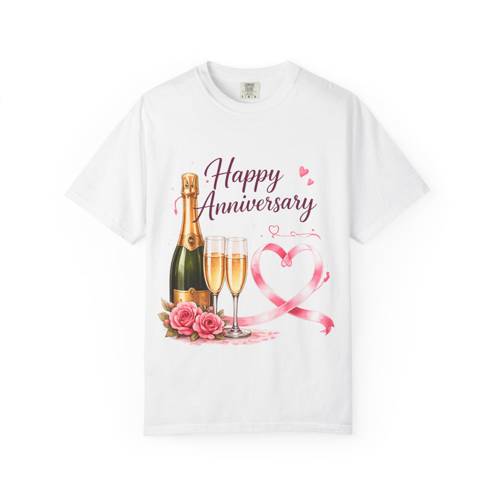 Anniversary Champagne T-Shirt — "Happy Anniversary" Floral Heart Design