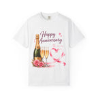 Anniversary Champagne T-Shirt — "Happy Anniversary" Floral Heart Design