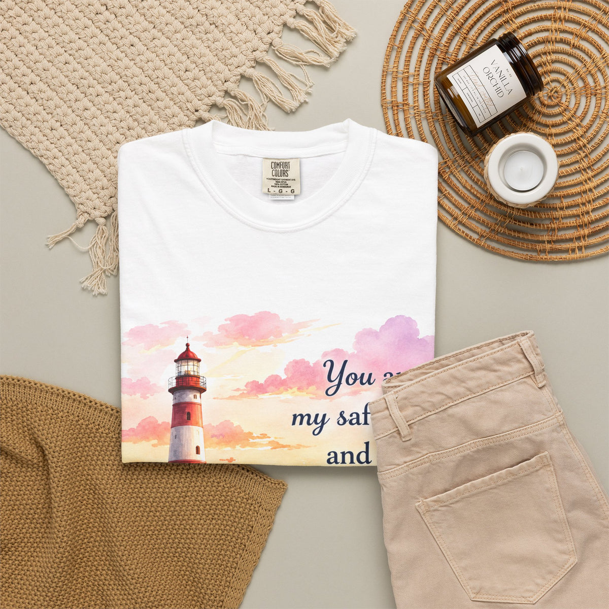 Lighthouse Beach T-Shirt — "You are my safe place and my greatest blessing" Inspirational Tee