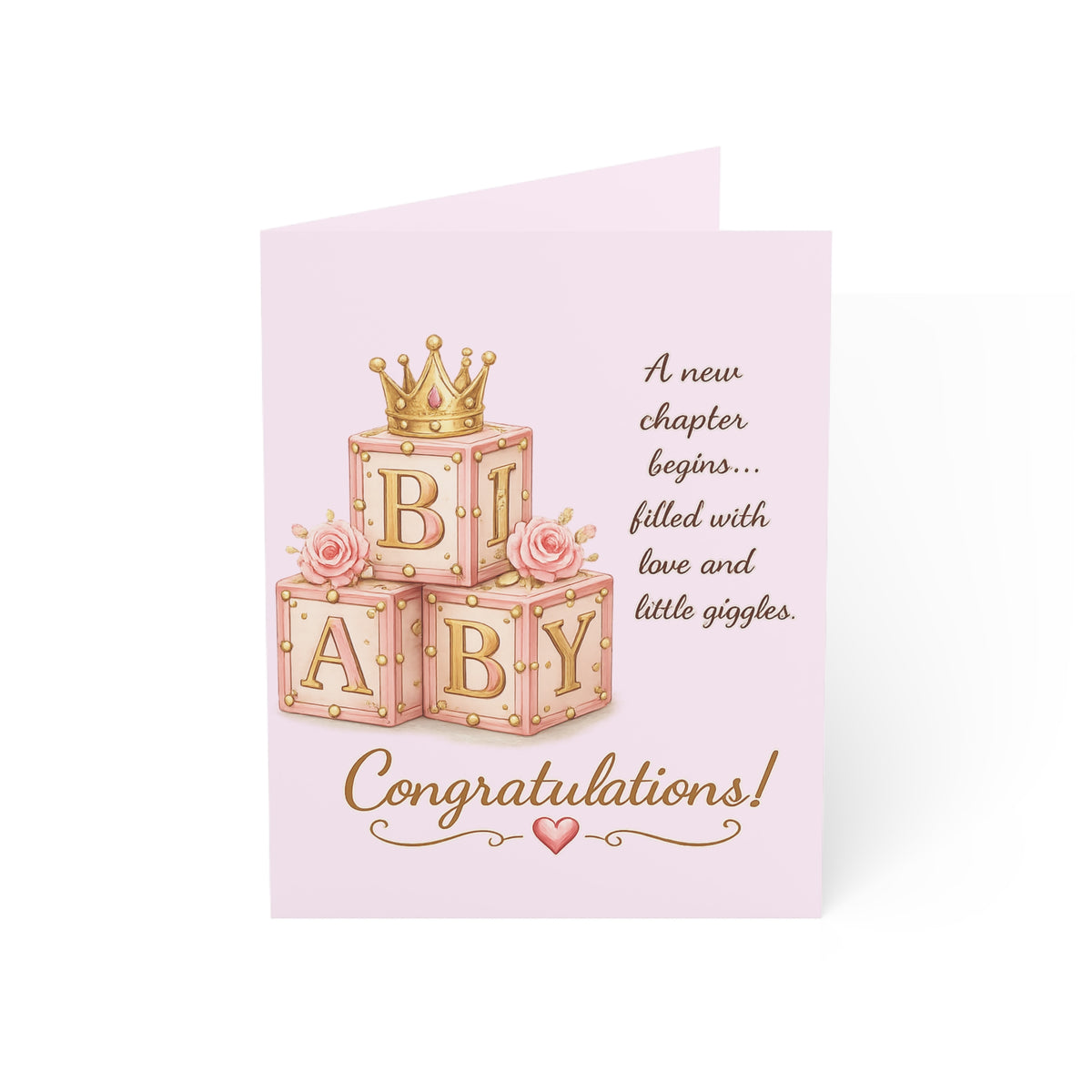 Baby Congratulations Card — Pink Baby Blocks "A new chapter begins... filled with love and little giggles" (Newborn Shower Card)