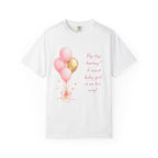 Baby Girl Announcement T-Shirt — Pink & Gold Balloon 'Hip hip hooray! A sweet baby girl is on her way!'