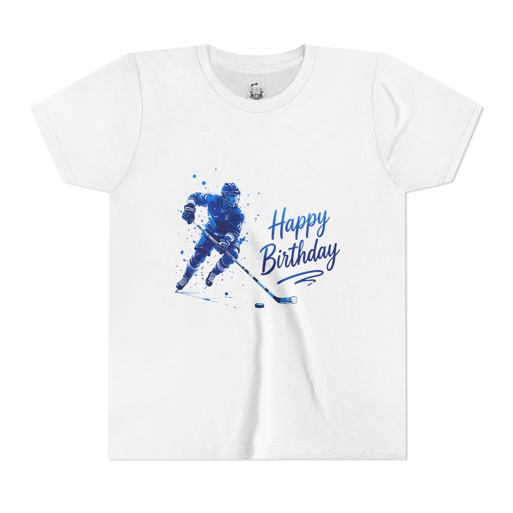 Youth Hockey 'Happy Birthday' T-Shirt – Blue Ice Hockey Player Graphic
