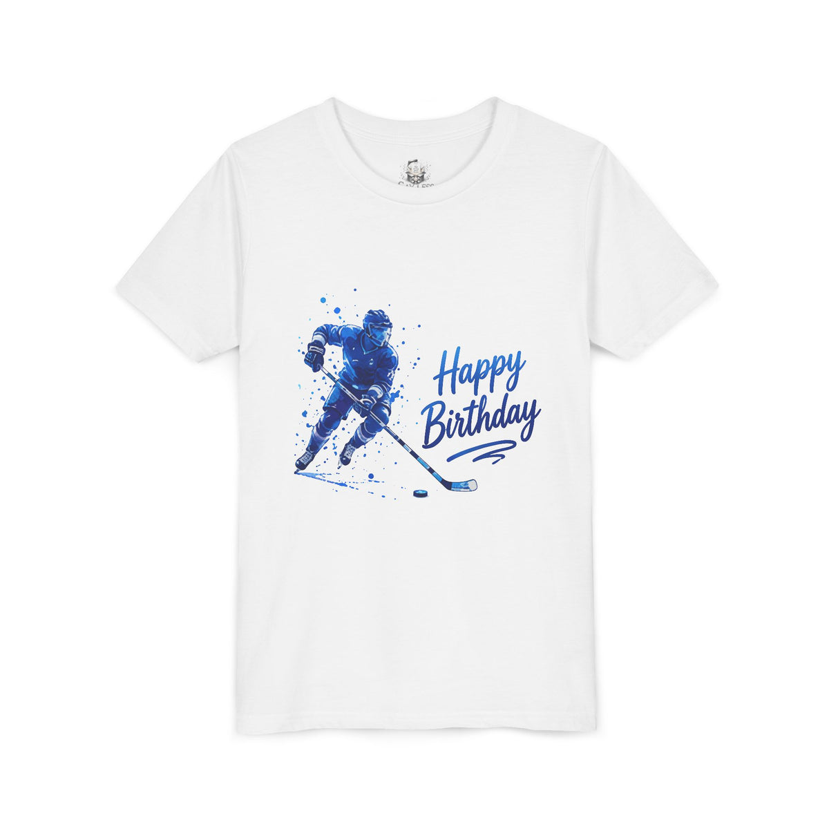 Youth Hockey 'Happy Birthday' T-Shirt – Blue Ice Hockey Player Graphic