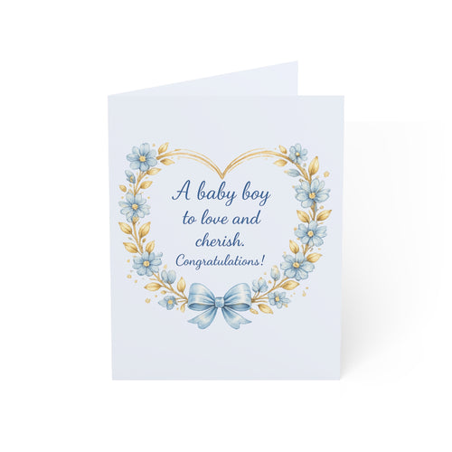 Baby Boy Congratulations Card – "A baby boy to love and cherish" Floral Heart Greeting Card (Single or Bulk Packs)